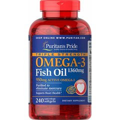 Puritan's Pride Triple Strength Omega-3 Fish Oil 1360 mg (950 mg Active Omega-3) 240 softgels, image 