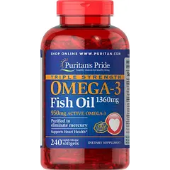 Puritan's Pride Triple Strength Omega-3 Fish Oil 1360 mg (950 mg Active Omega-3) 240 softgels, Puritan's Pride Triple Strength Omega-3 Fish Oil 1360 mg (950 mg Active Omega-3) 240 softgels  в интернет магазине Mega Mass