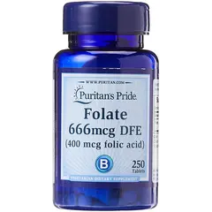 Puritan's Pride Folate 666 mcg DFE (Folic Acid 400 mcg) 250 tabs, Puritan's Pride Folate 666 mcg DFE (Folic Acid 400 mcg) 250 tabs  в интернет магазине Mega Mass