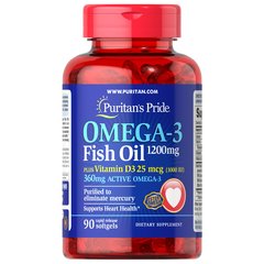 Puritan's Pride Omega-3 Fish Oil 1200 mg + D3 25 mcg 90 softgels, image 