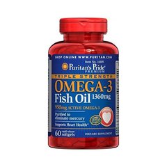 Puritan’s Pride Triple Strength Omega-3 Fish Oil 1360 mg (950 mg active omega-3), Фасовка: 60 caps, image 