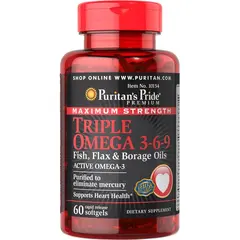 Puritan's Pride Triple Omega 3-6-9 Fish, Flax & Borage Oils 60 softgels, Puritan's Pride Triple Omega 3-6-9 Fish, Flax & Borage Oils 60 softgels  в интернет магазине Mega Mass