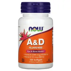 NOW Vitamin A & D 10,000/400 IU 100 Softgels, NOW Vitamin A & D 10,000/400 IU 100 Softgels  в интернет магазине Mega Mass