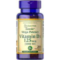 Puritan's Pride Vitamin D3 125 mcg/5000 IU 200 softgels, Фасування: 200 softgels, Концентрація: 5000 IU, image 