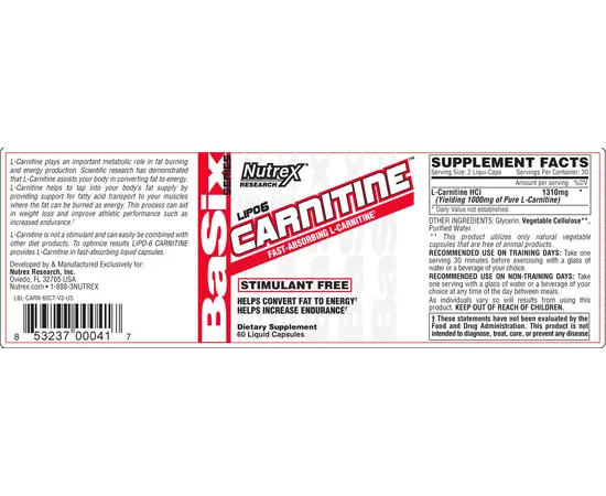 Nutrex Lipo-6 Carnitine 60 caps, image , зображення 3