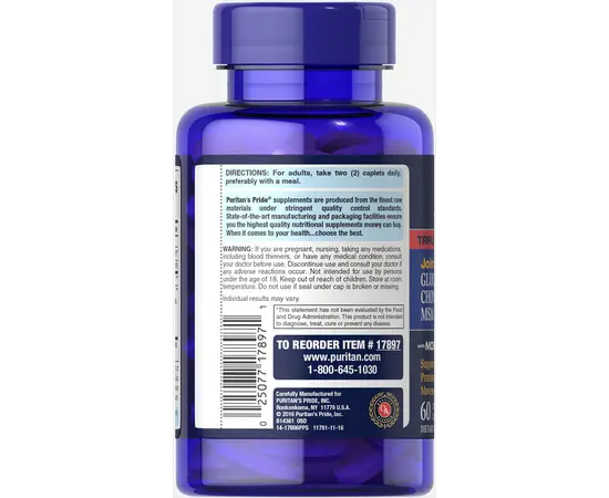 Puritan's Pride Triple Strength Glucosamine Chondroitin MSM 60 tabs, Puritan's Pride Triple Strength Glucosamine Chondroitin MSM 60 tabs , изображение 3 в интернет магазине Mega Mass