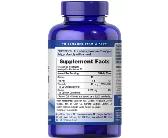 Puritan's Pride Absorbable Calcium 1200 mg plus Vitamin D3 25 mcg 100 softgels, image , зображення 2
