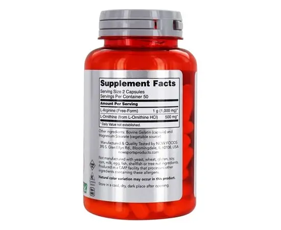 NOW Arginine & Ornithine 100 caps, image , зображення 2