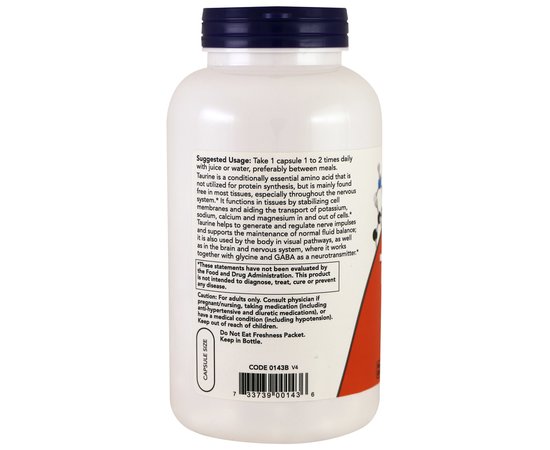 NOW Taurine 1000 mg 100 caps, image , зображення 3