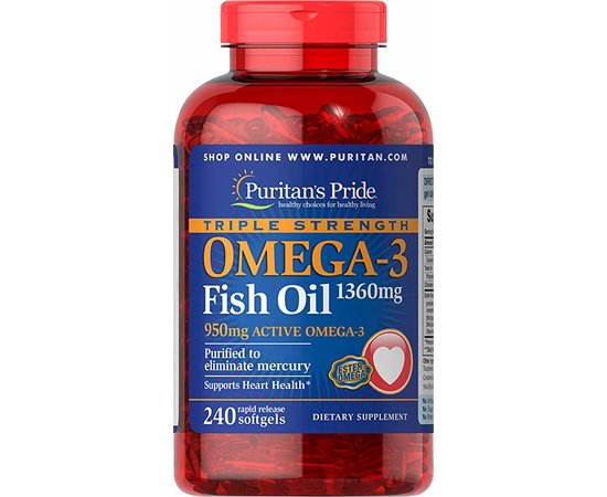 Puritan's Pride Triple Strength Omega-3 Fish Oil 1360 mg (950 mg Active Omega-3) 240 softgels, image 