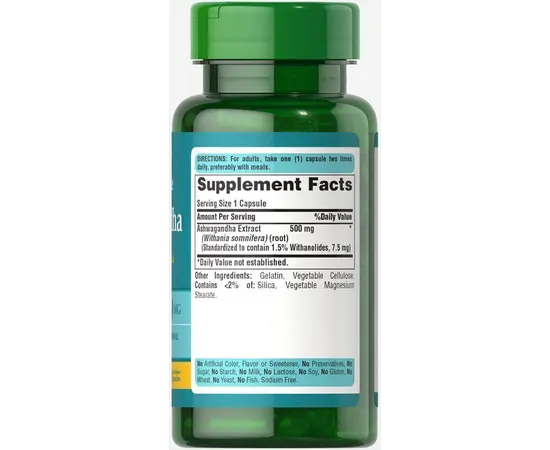 Puritan’s Pride Ashwagandha Standardized Extract 500 mg 60 caps, image , зображення 2