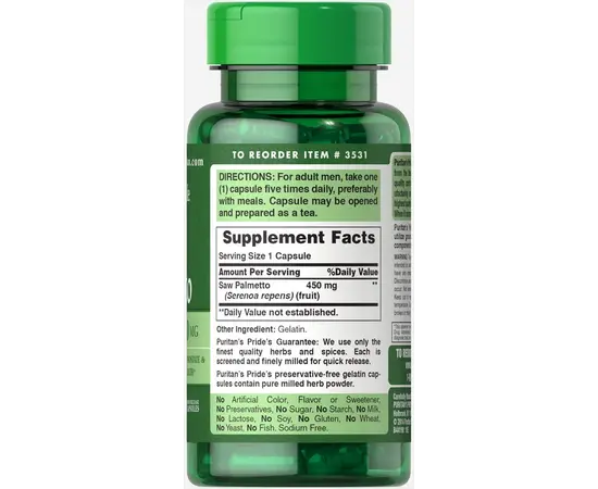 Puritan's Pride Saw Palmetto 450 mg 100 caps, image , зображення 3