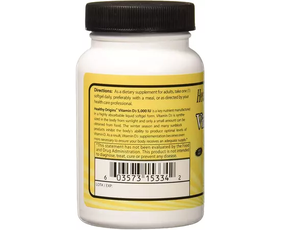 Healthy Origins Vitamin D3 5000 IU 120 softgels, image , зображення 2