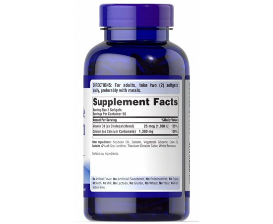 Puritan's Pride Absorbable Calcium + Vitamin D-3 1300 mg/25 mcg 100 Softgels, image , зображення 3