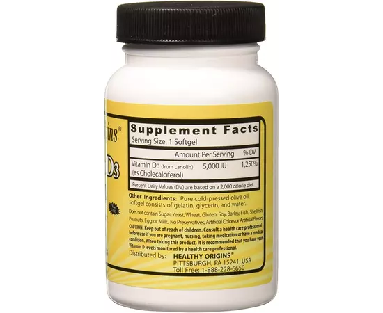 Healthy Origins Vitamin D3 5000 IU 120 softgels, image , зображення 3