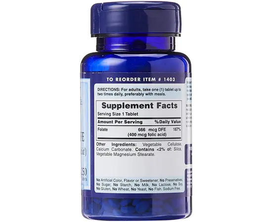 Puritan's Pride Folate 666 mcg DFE (Folic Acid 400 mcg) 250 tabs, image , зображення 2