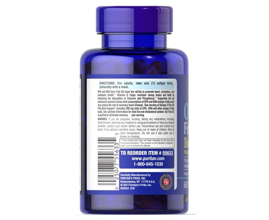 Puritan's Pride Omega-3 Fish Oil Bone Support 1000 mg 60 softgels, image , зображення 2