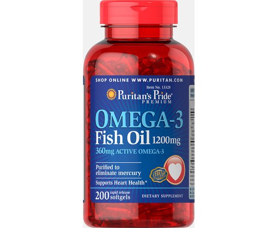 Puritan's Pride Omega-3 Fish Oil 1200 mg 200 softgels, image 