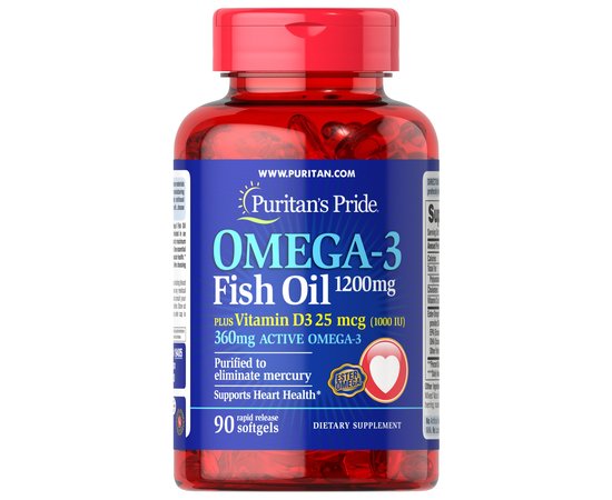 Puritan's Pride Omega-3 Fish Oil 1200 mg + D3 25 mcg 90 softgels, image 