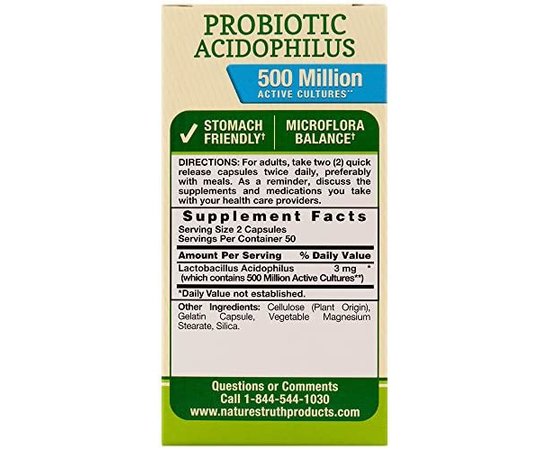 Nature's Truth Probiotic Acidophilus 500 million 100 caps, image , зображення 2