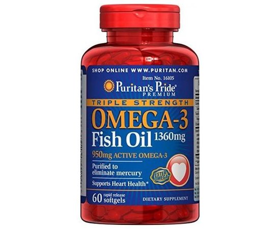 Puritan’s Pride Triple Strength Omega-3 Fish Oil 1360 mg (950 mg active omega-3), Фасовка: 60 caps, image 