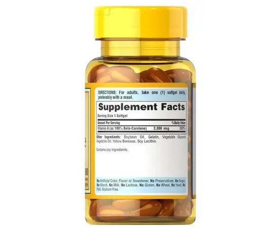 Puritan's Pride Beta-Carotine 3000 mcg 100 softgels, Фасування: 100 softgels, Концентрація: 3000 mcg, Коцентрація: 3000 mcg, image , зображення 2