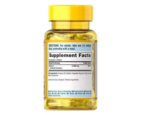 Puritan's Pride Vitamin A 8,000 IU (2,400 mcg) 100 softgels, image , зображення 2