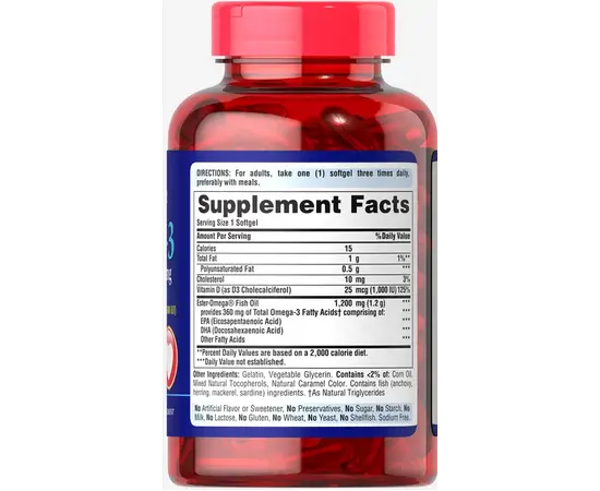 Puritan's Pride Omega-3 Fish Oil 1200 mg + D3 25 mcg 90 softgels, Puritan's Pride Omega-3 Fish Oil 1200 mg + D3 25 mcg 90 softgels , изображение 2 в интернет магазине Mega Mass