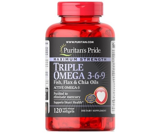 Puritan's Pride Maximum Strength Triple Omega 3-6-9 Fish, Flax & Borage Oils 120 softgels, image 