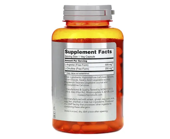 NOW ARGININE 500 mg & CITRULLINE 250 mg 120 vcaps, NOW ARGININE 500 mg & CITRULLINE 250 mg 120 vcaps , изображение 2 в интернет магазине Mega Mass