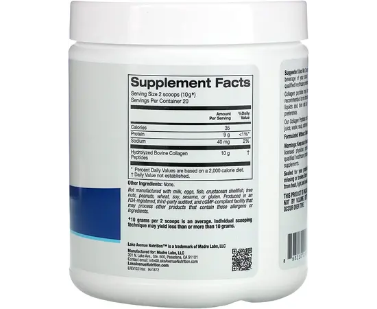 Lake Avenue Hydrolyzed Collagen Peptides 200g Type 1 and 3 Unflavored, image , зображення 2