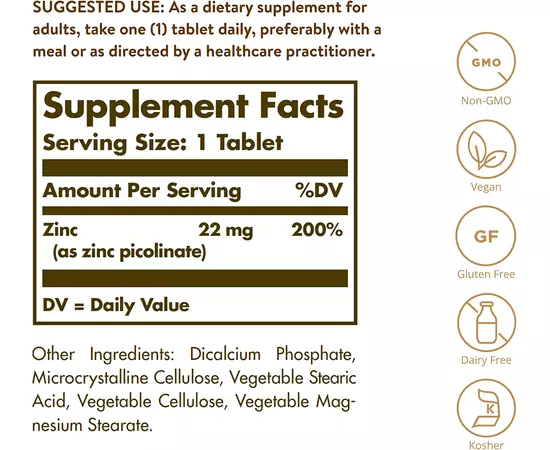 Solgar Zinc Picolinate 22 mg 100 tabs, image , зображення 2