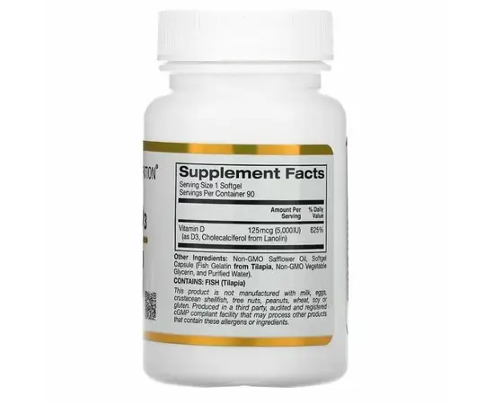 California Gold Nutrition Vitamin D3 125 mcg 5,000 IU 90 softgels, image , зображення 2