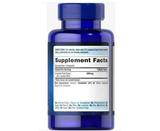 Puritan's Pride L-Lysine 500 mg 100 caps, Фасування: 100 caps, image , зображення 2
