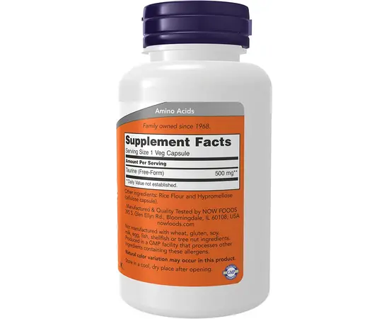 NOW Taurine 500 mg 100 caps, image , зображення 2