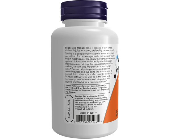 NOW Taurine 500 mg 100 caps, image , зображення 3
