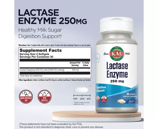 KAL Lactase Enzyme 250 mg 60 softgels, image , зображення 4