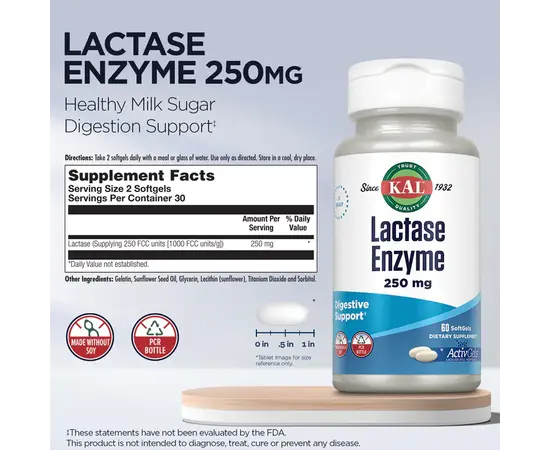 KAL Lactase Enzyme 250 mg 60 softgels, KAL Lactase Enzyme 250 mg 60 softgels , изображение 4 в интернет магазине Mega Mass