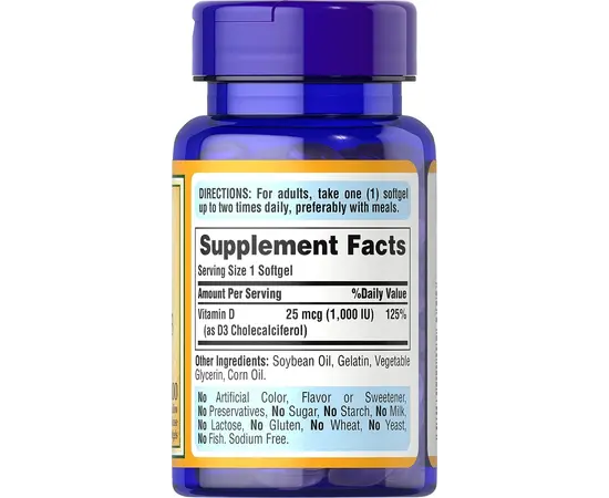 Puritan's Pride Vitamin D3 25 mcg/1000 IU 100 softgels, image , зображення 3