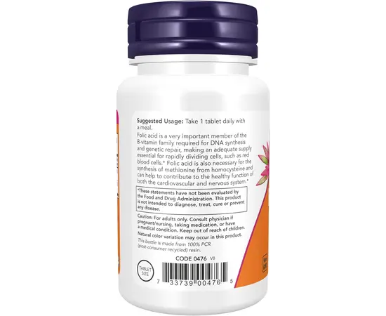 NOW Folic Acid 800 mcg 250 tabs, image , зображення 3