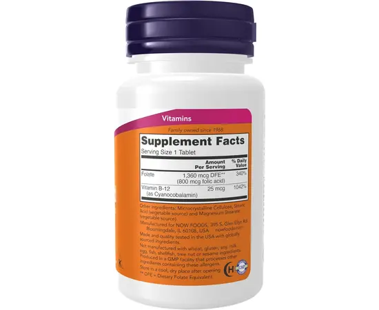 NOW Folic Acid 800 mcg 250 tabs, image , зображення 2