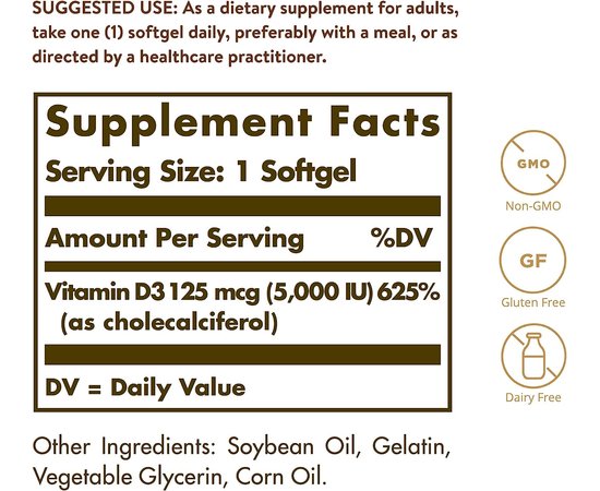 Solgar Vitamin D3 125 mcg (5000 IU) 100 softgels, image , зображення 4