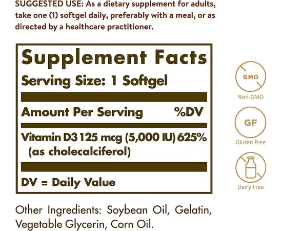 Solgar Vitamin D3 125 mcg (5000 IU) 100 softgels, image , зображення 4