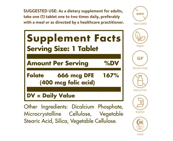 Solgar Folate 666 mcg DFE (400 mcg folate acid) 100 tabs, Фасування: 100 tabs, Коцентрація: 400 mcg, image , зображення 4