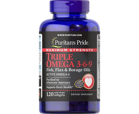 Puritan's Pride Maximum Strength Triple Omega 3-6-9 Fish, Flax Oils 120 softgels, image 
