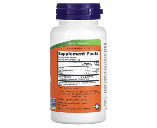 NOW Spirulina 500 mg 100 tabs, Фасування: 100 tabs, image , зображення 2