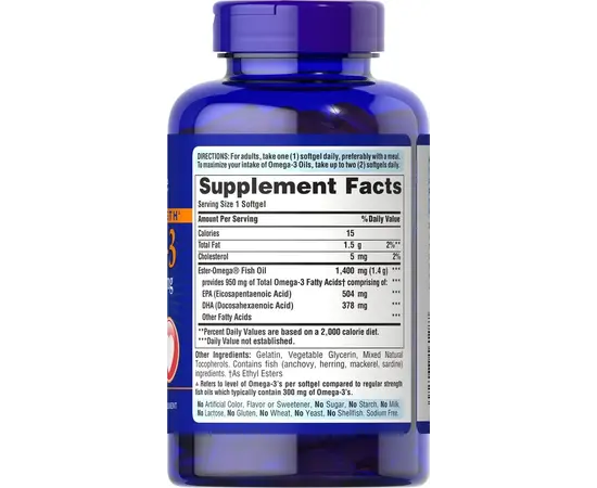 Puritan's Pride Triple Strength Omega-3 Fish Oil 1400 mg (950 mg Active Omega-3) 120 softgels, Фасовка: 120 softgels, Puritan's Pride Triple Strength Omega-3 Fish Oil 1400 mg (950 mg Active Omega-3) 120 softgels, Фасовка: 120 softgels , изображение 2 в интернет магазине Mega Mass