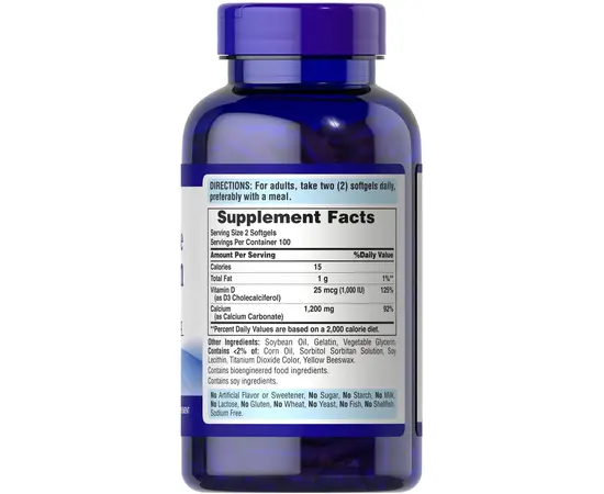 Puritan's Pride Absorbable Calcium + Vitamin D-3 200 Softgels, image , зображення 2