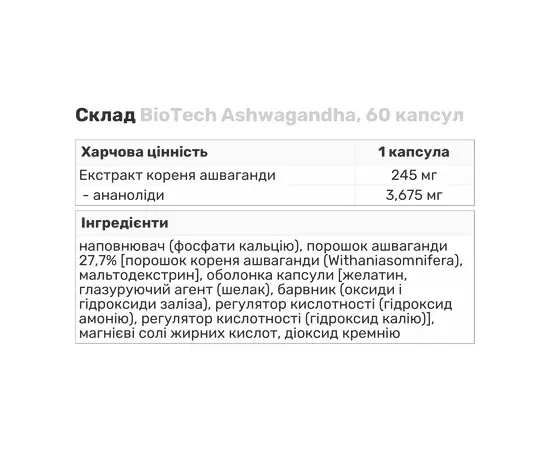BioTech Ashwagandha 60 caps, BioTech Ashwagandha 60 caps , изображение 2 в интернет магазине Mega Mass