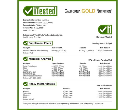 California Gold Nutrition Vitamin D3 50 mcg (2,000 IU) 360 softgels, Фасовка: 360 softgels, Концентрація: 2000 IU, Коцентрація: 2000 UI, image , зображення 4